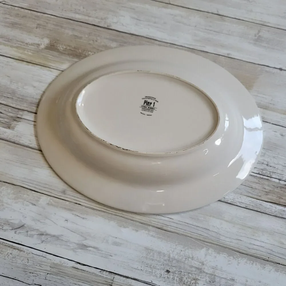 pier 1  Farm House Ceramic oval serving bowl vitra scroll green rim 12